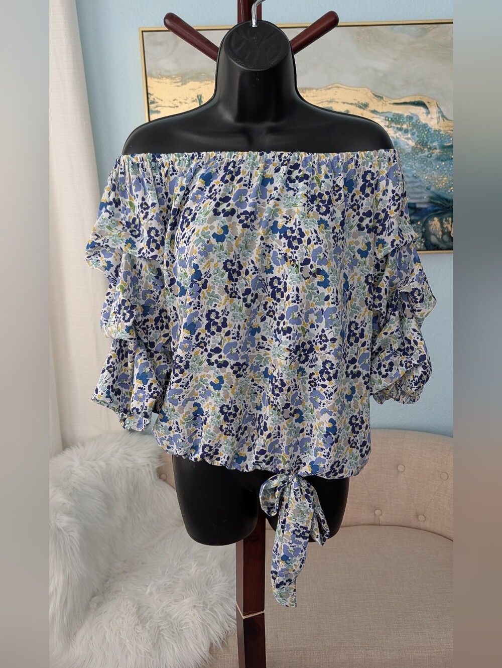 CeCe Blue Multi Floral Off-Shoulder Tie-Hem Blouse Sz S.